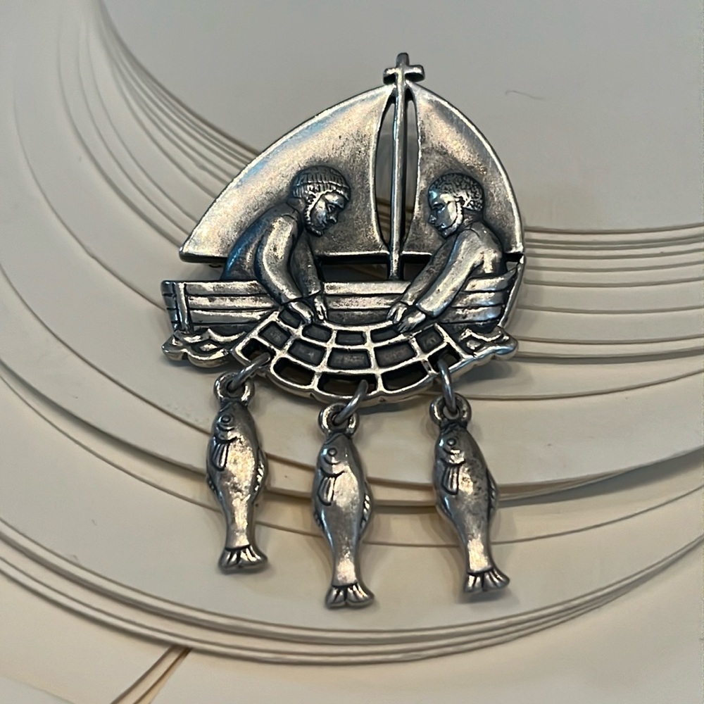 James Avery Sterling silver Fishers of Men pin brooch boat with 3 dangling fish